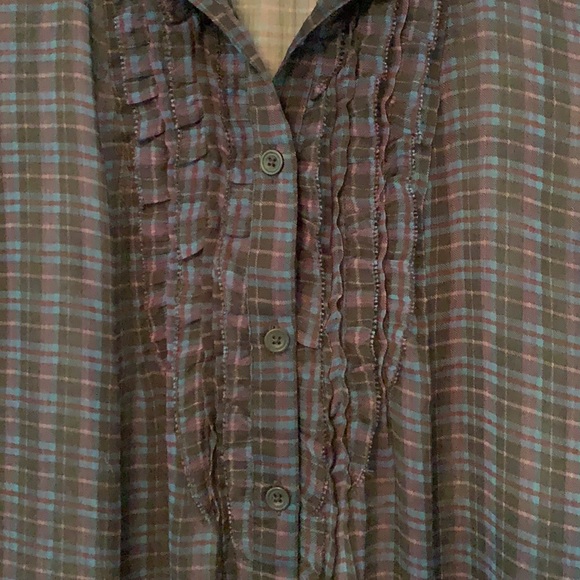 AE-Sheer Plaid Blouse w/ Front Ruffle Detailing-S - Picture 2 of 5